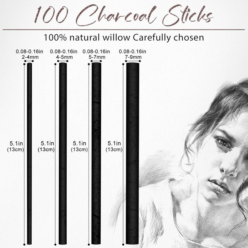 EVNEED 100 Pcs Willow Charcoal Sticks for Drawing,Willow Charcoal Pencils,Soft Black Drawing Charcoal for Sketching and Drawing Art Sketch Artists Supplies, and Fine Art (2-4mm,4-5mm,5-7mm,7-9mm) - Image 2